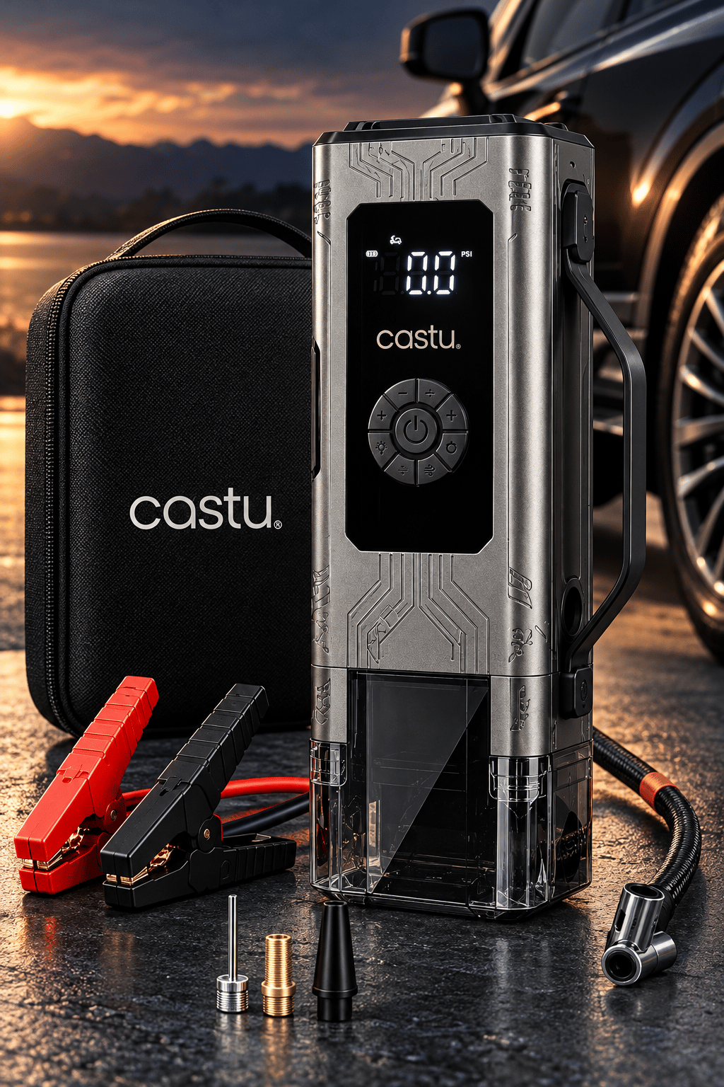 8'i 1 Arada Araç Takviye Cihazı 2000A – 18.000 mAh Akü Takviye, Lastik Şişirme Kompresörü, Vakum Süpürgesi ve Powerbank