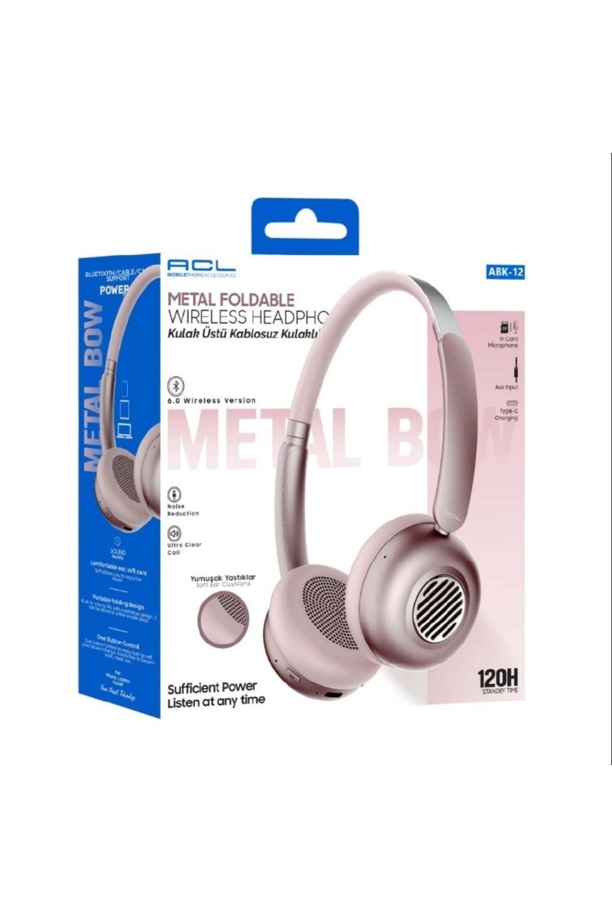 ACL ABK-12 Kablosuz Bluetooth Kulak Üstü Kulaklık Ultra Bass Metalik Görünüm Pembe