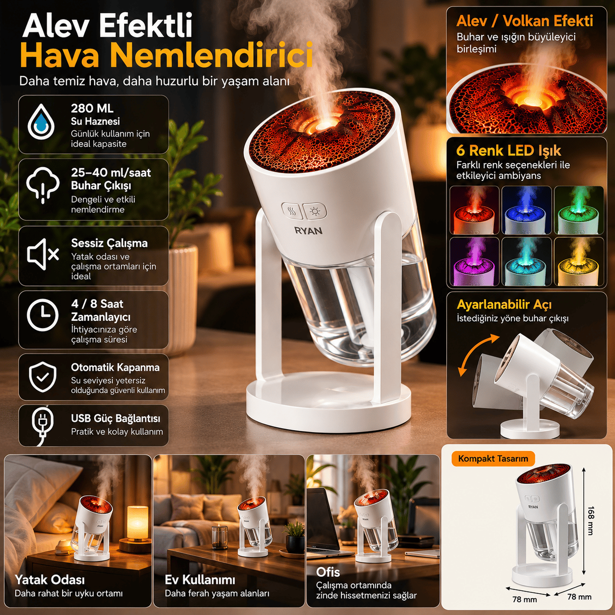 Alev Efektli Hava Nemlendirici 280 ML – Ultrasonik Sessiz Aroma Difüzör, LED Gece Lambası, Otomatik Kapanma