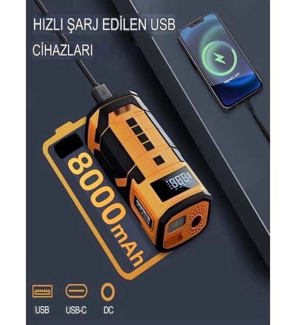Auhma A5577 4'ü 1 Arada Akü Takviyeli Şarjlı Hava Pompası 8.000 Mah| Powerbank & Dijital Fener