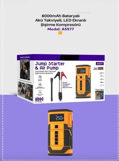 Auhma A5577 4'ü 1 Arada Akü Takviyeli Şarjlı Hava Pompası 8.000 Mah| Powerbank & Dijital Fener