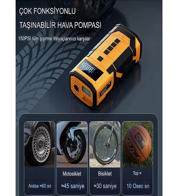 Auhma A5577 4'ü 1 Arada Akü Takviyeli Şarjlı Hava Pompası 8.000 Mah| Powerbank & Dijital Fener