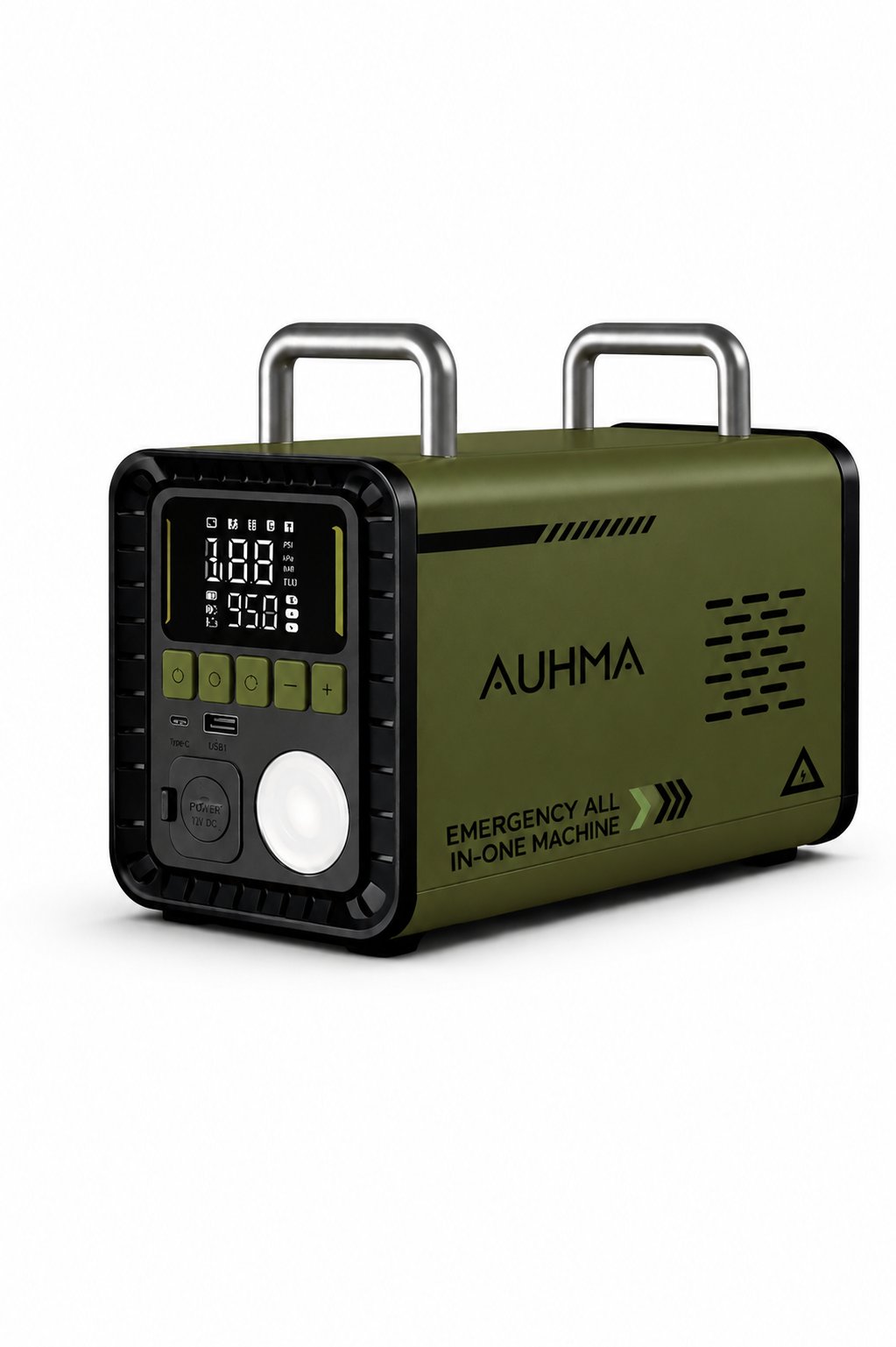 Auhma A8833 Haki 16.000 mAh 5'i 1 Arada Akü Takviye Cihazı Şarjlı Hava Kompresörü Powerbank Vakum Üfleme Dijital Fener