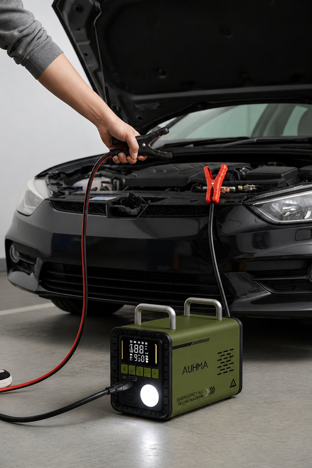Auhma A8833 Haki 16.000 mAh 5'i 1 Arada Akü Takviye Cihazı Şarjlı Hava Kompresörü Powerbank Vakum Üfleme Dijital Fener
