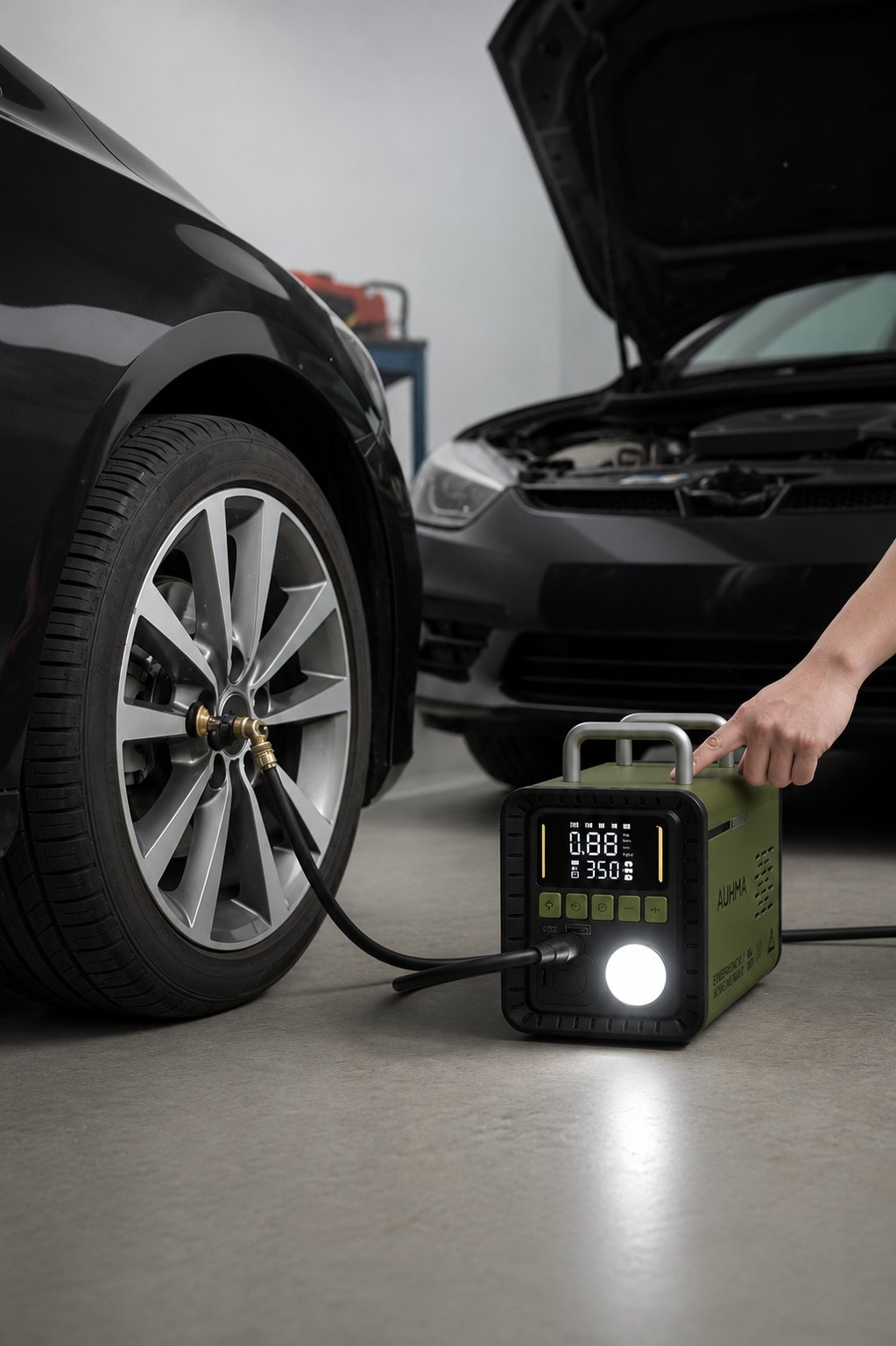 Auhma A8833 Haki 16.000 mAh 5'i 1 Arada Akü Takviye Cihazı Şarjlı Hava Kompresörü Powerbank Vakum Üfleme Dijital Fener