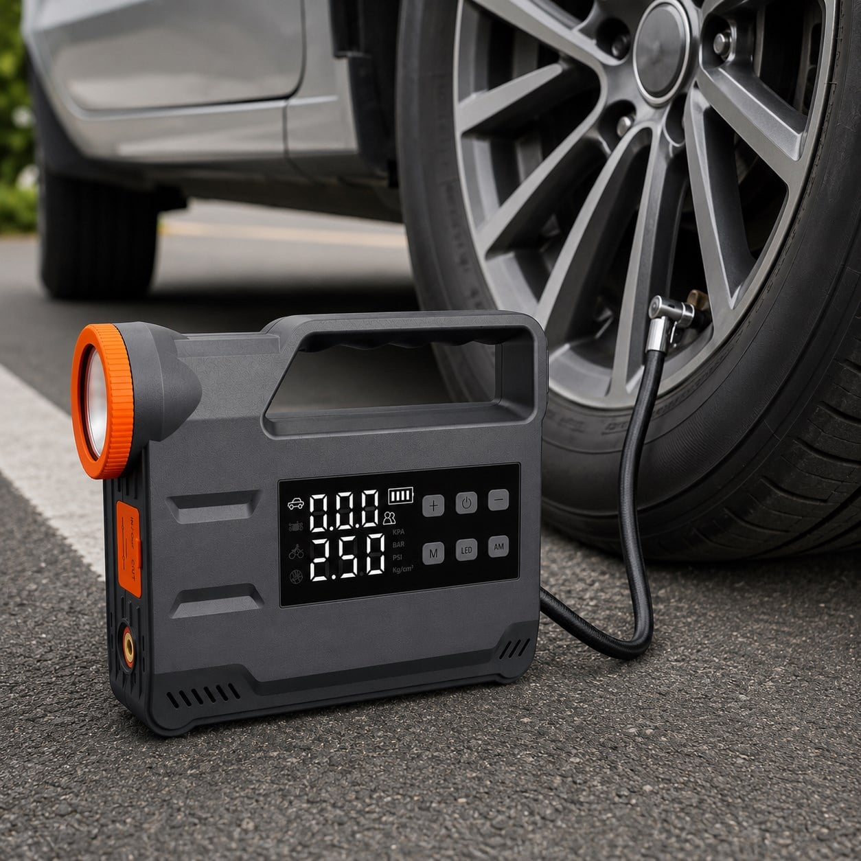 Auhma A9933 4'ü 1 Arada Akü Takviye 12.000 Mah Şarjlı Hava Pompası | Powerbank & Dijital Fener