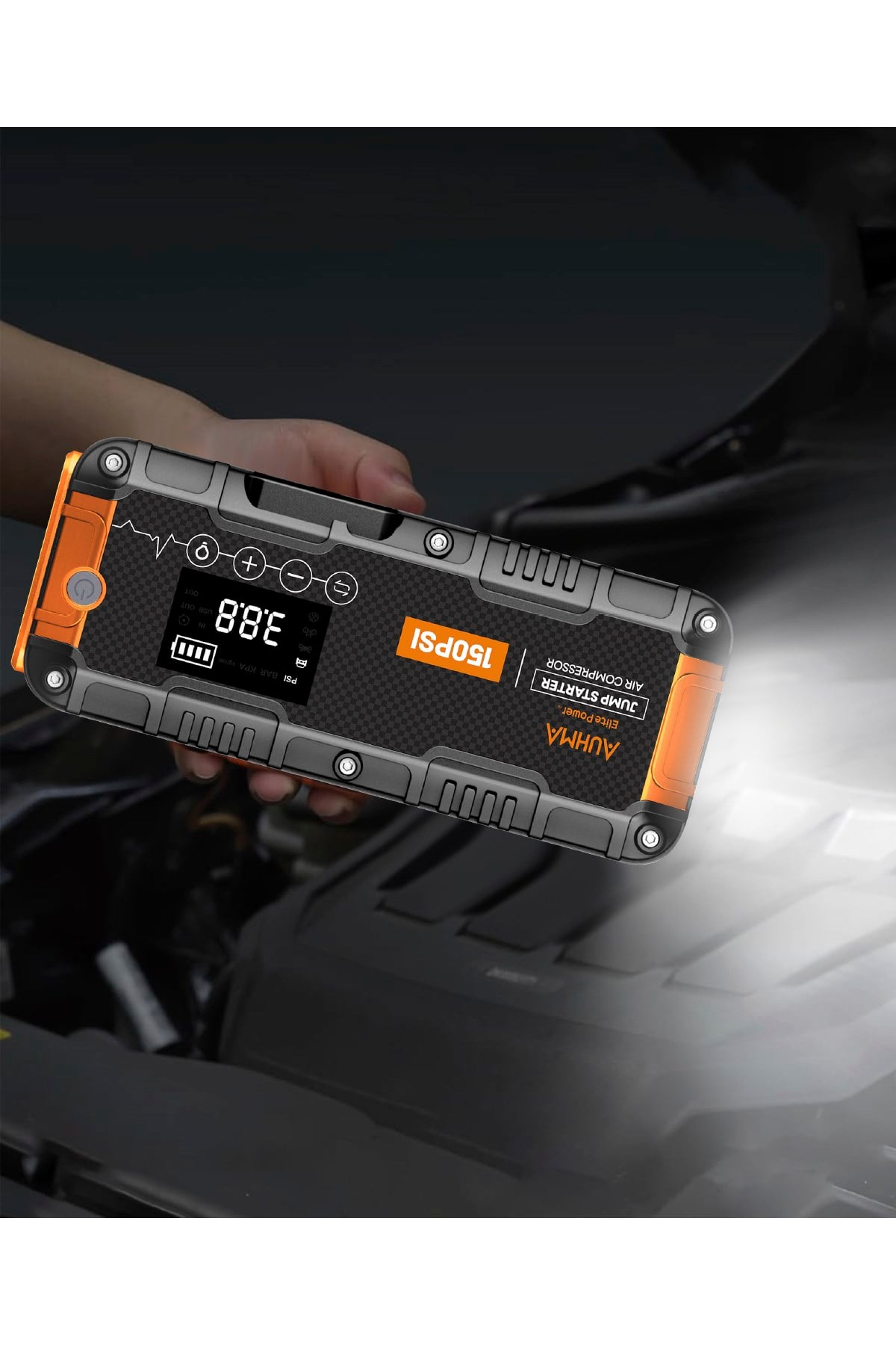 Auhma A9955 16.000 mAh Akü Takviye Cihazı Şarjlı Hava Kompresörü 150 PSI Lastik Şişirme Pompası Powerbank