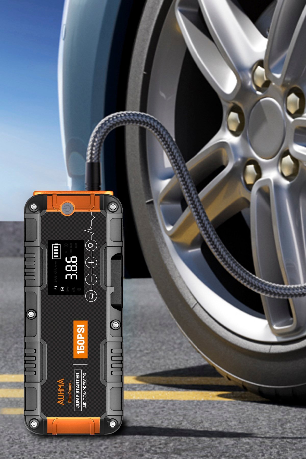 Auhma A9955 16.000 mAh Akü Takviye Cihazı Şarjlı Hava Kompresörü 150 PSI Lastik Şişirme Pompası Powerbank