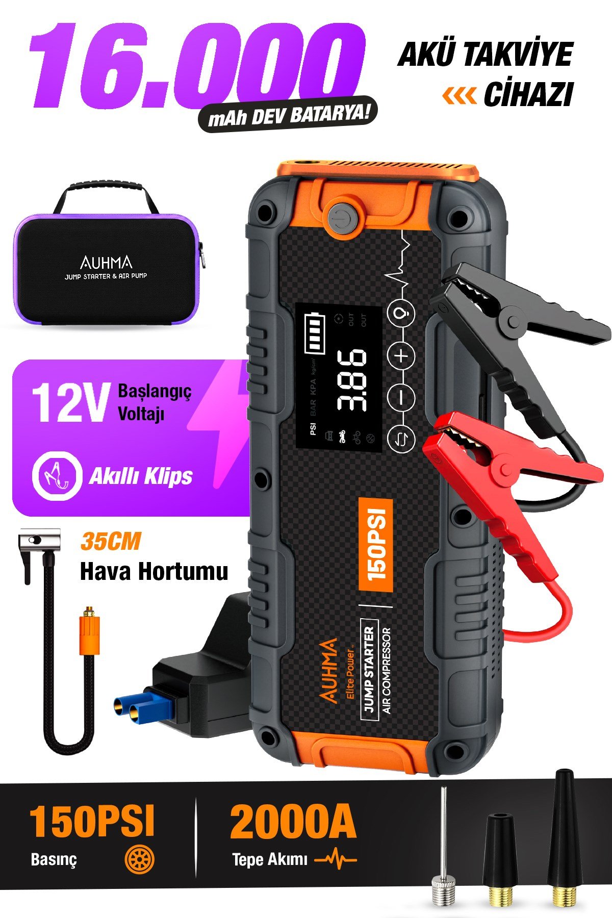 Auhma A9955 16.000 mAh Akü Takviye Cihazı Şarjlı Hava Kompresörü 150 PSI Lastik Şişirme Pompası Powerbank