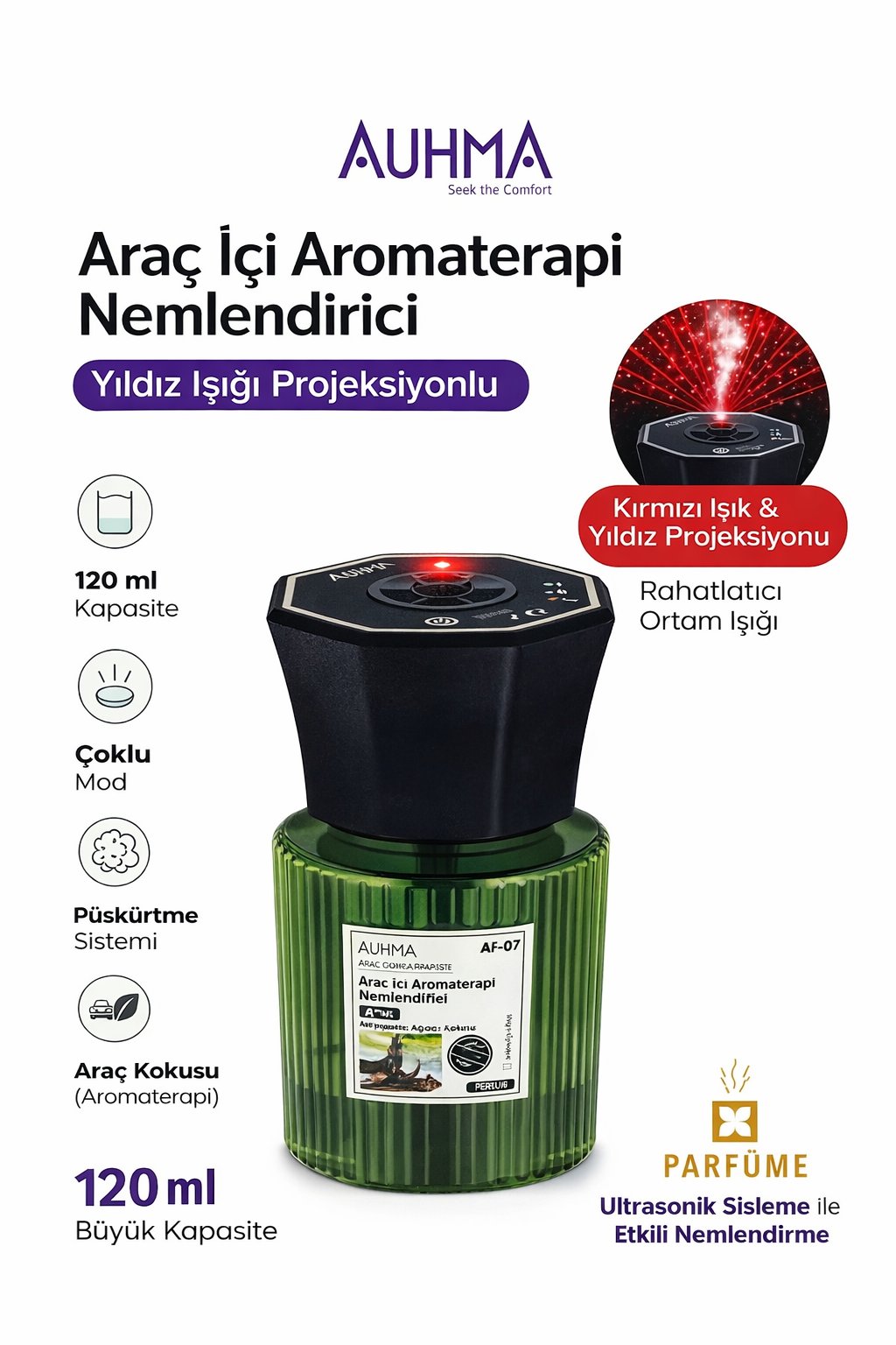 Auhma AF-07 Araç İçi Hava Nemlendirici & Koku Makinesi Abanoz Ağacı Esansı – 120ml Aromaterapi Difüzör Araç Kokusu