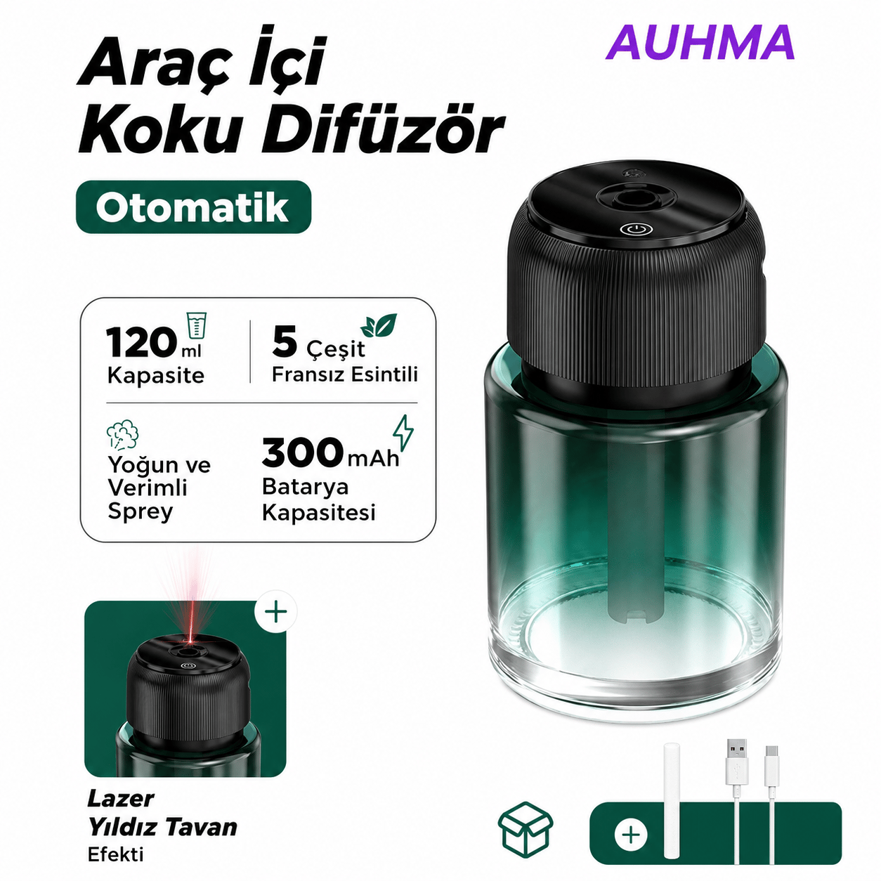 Auhma AF-10 Araç İçi Hava Nemlendirici & Koku Makinesi Hilton Esansı – 120ml Aromaterapi Difüzör Araç Kokusu