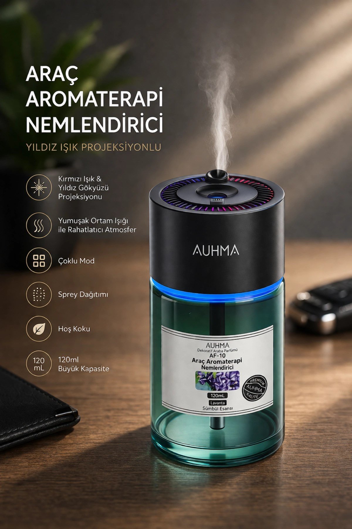 Auhma AF-10 Araç İçi Hava Nemlendirici & Koku Makinesi Blue Ocean Esansı – 120ml Aromaterapi Difüzör Araç Kokusu