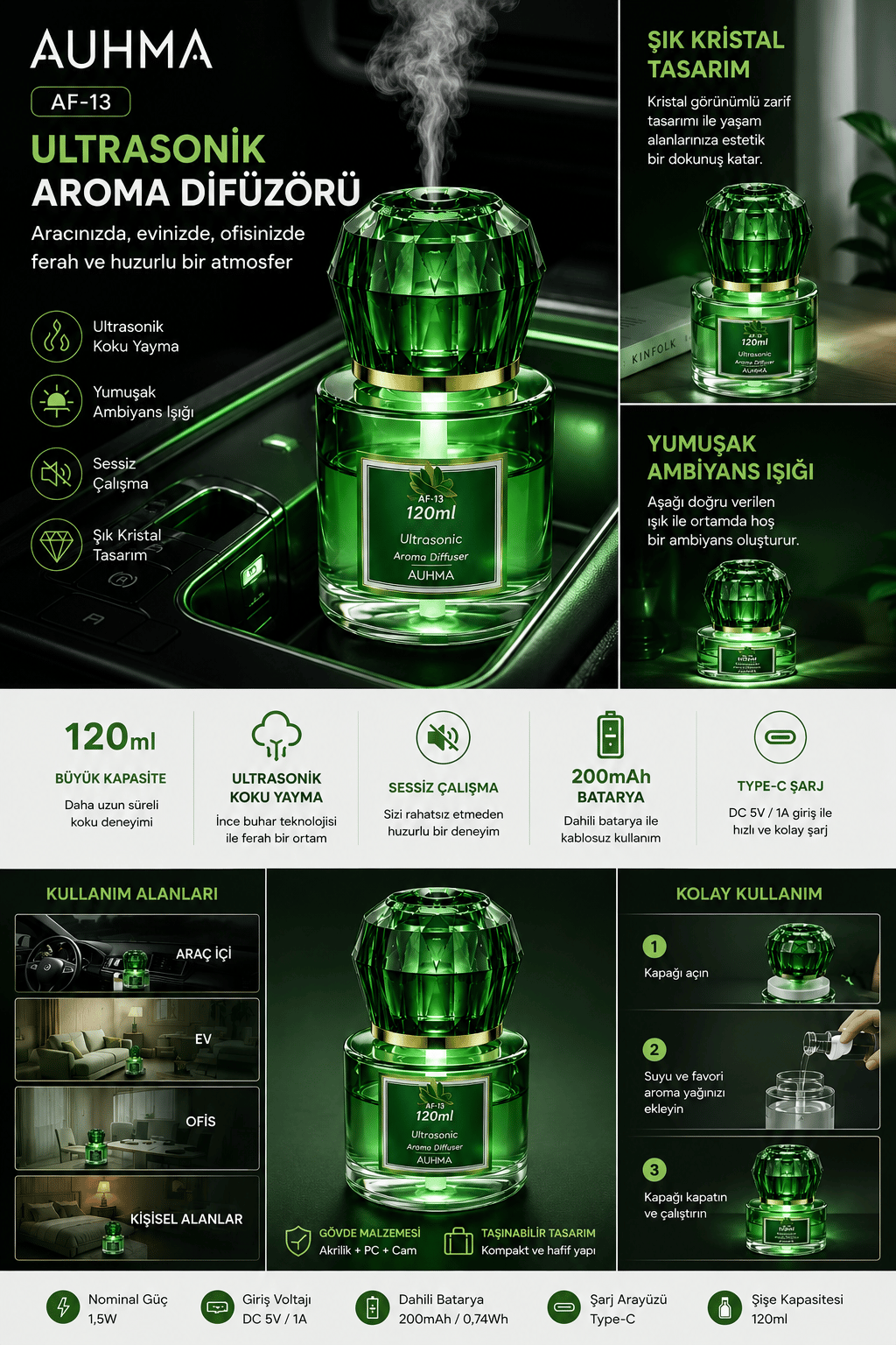 Auhma AF-13 120ml Şarjlı Ultrasonik Araç Koku Difüzörü Yeşil Ambiyans Işıklı Ebony Esans Aroma Yayıcı