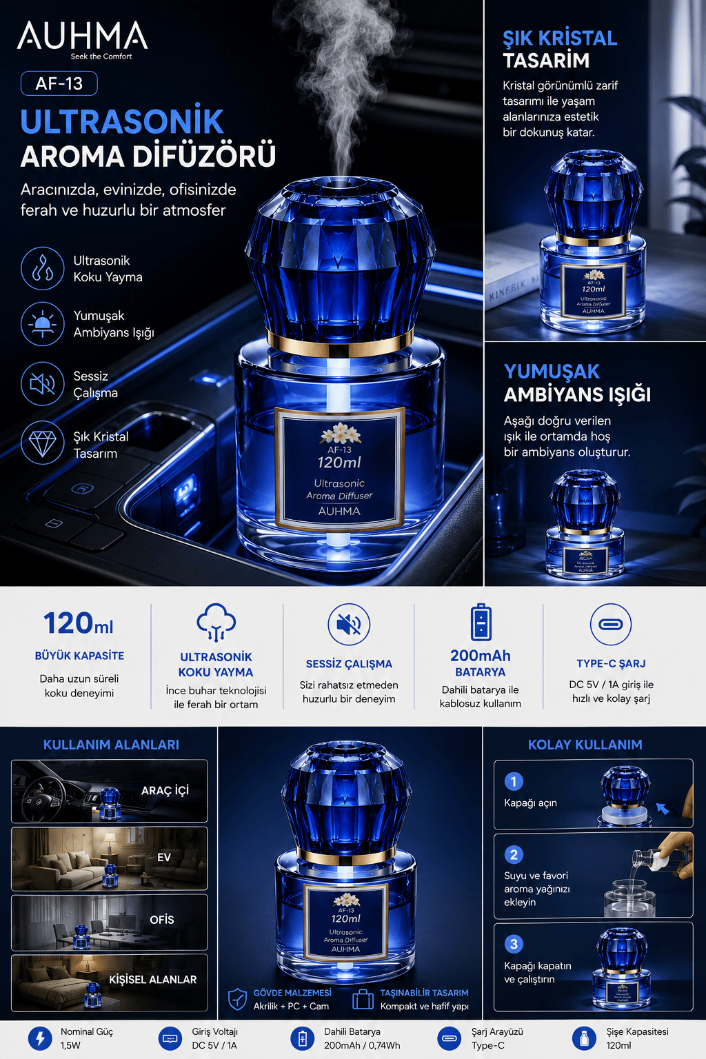 Auhma AF-13 120ml Şarjlı Ultrasonik Araç Koku Difüzörü Mavi Ambiyans Işıklı Ebony Esans Aroma Yayıcı