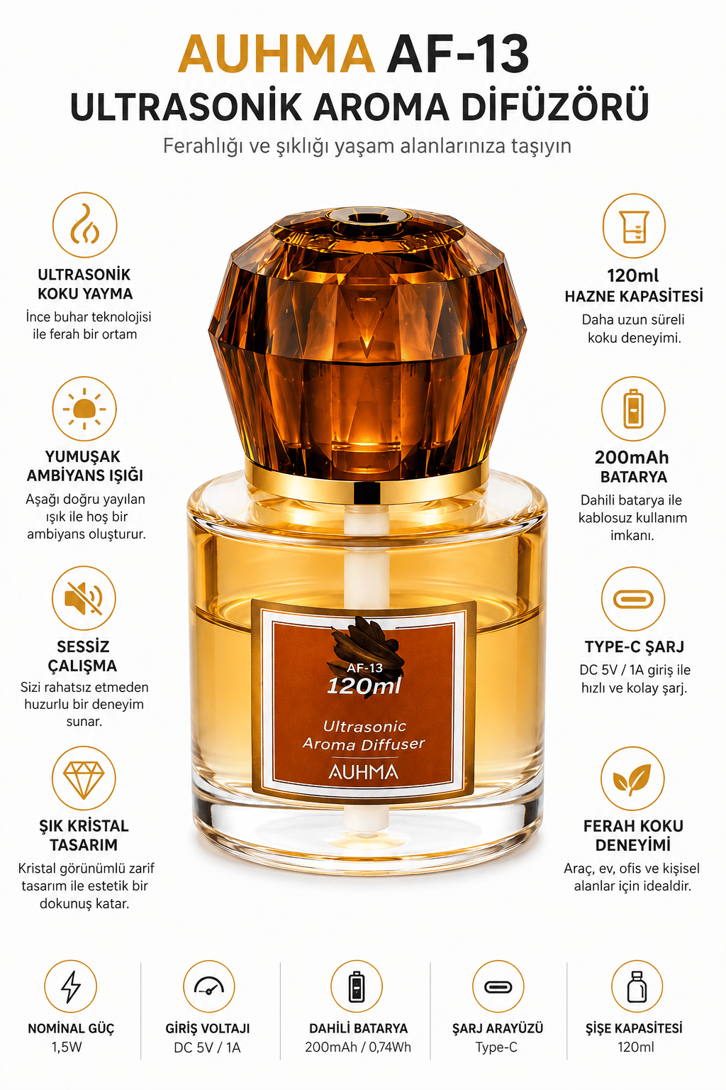 Auhma AF-13 120ml Şarjlı Ultrasonik Araç Koku Difüzörü Sarı Ambiyans Işıklı Mingdao Esans Aroma Yayıcı