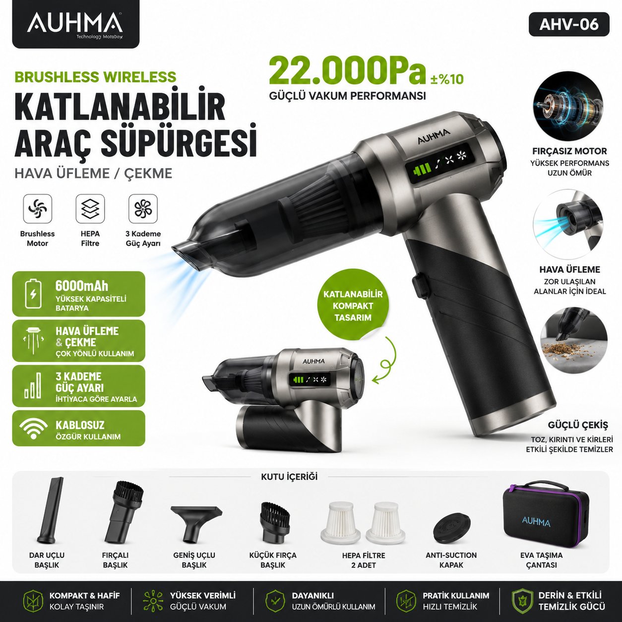 AUHMA AHV-06 22.000Pa 6000mAh Kablosuz Araç Süpürgesi Brushless Motor Katlanabilir Üfleme Çekme 3 Kademeli Gri-Siyah