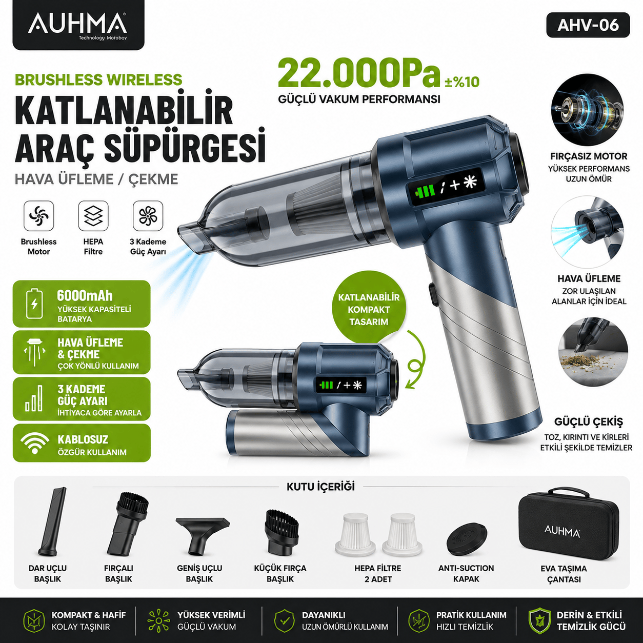AUHMA AHV-06 22.000Pa 6000mAh Kablosuz Araç Süpürgesi Brushless Motor Katlanabilir Üfleme Çekme 3 Kademeli Gri-Mavi