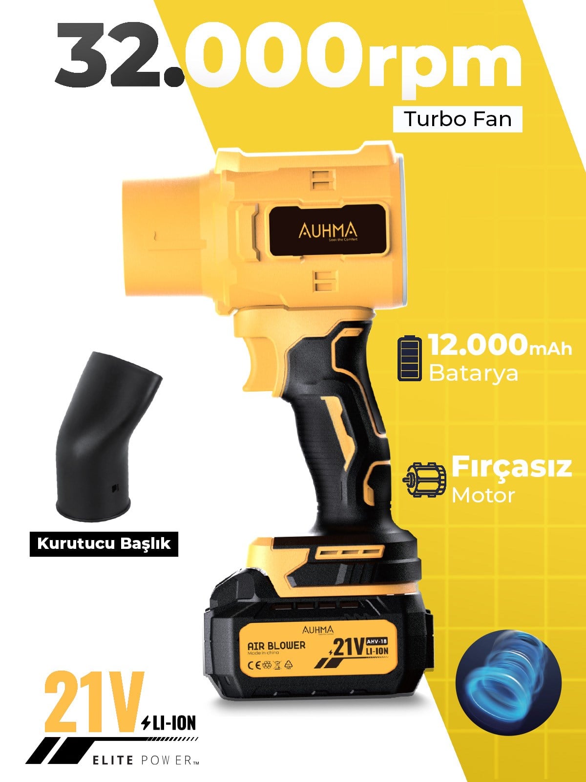 Auhma Ahv-18 21V 32.000 RPM Turbo Şarjlı Hava Üfleyici Sarı