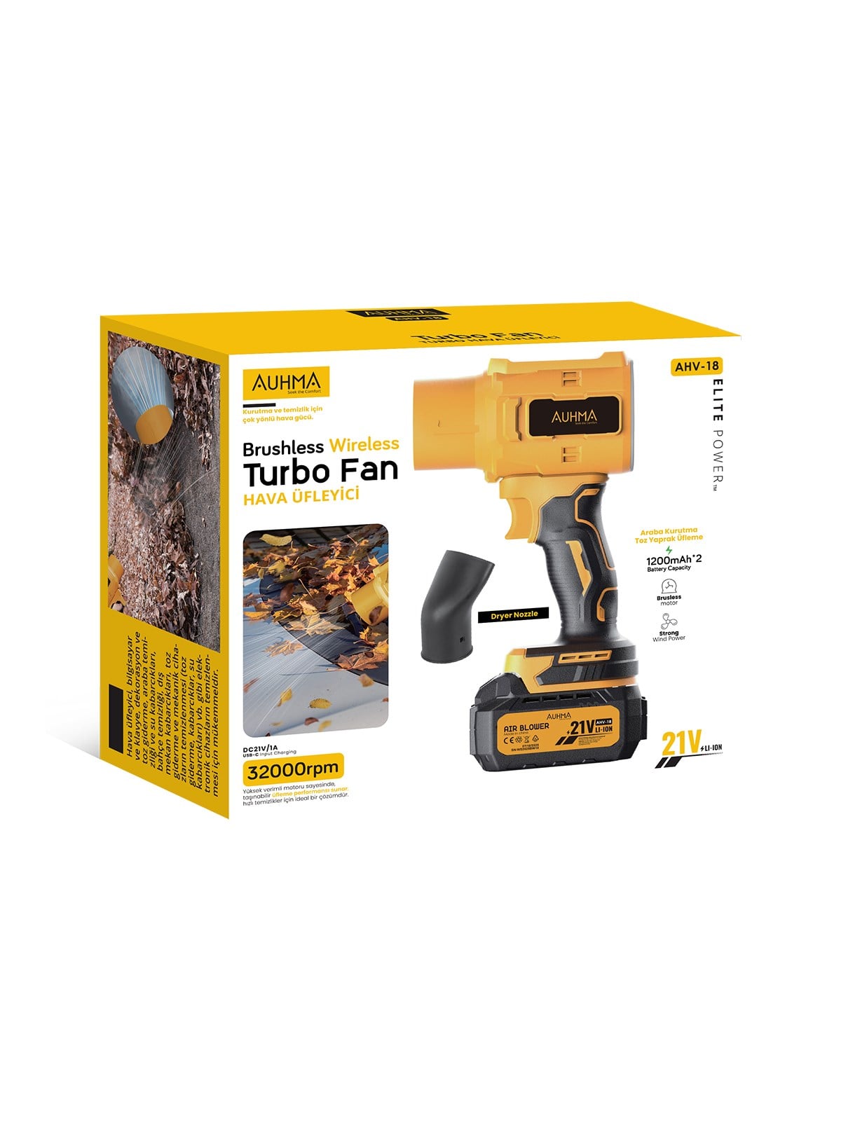 Auhma Ahv-18 21V 32.000 RPM Turbo Şarjlı Hava Üfleyici Sarı