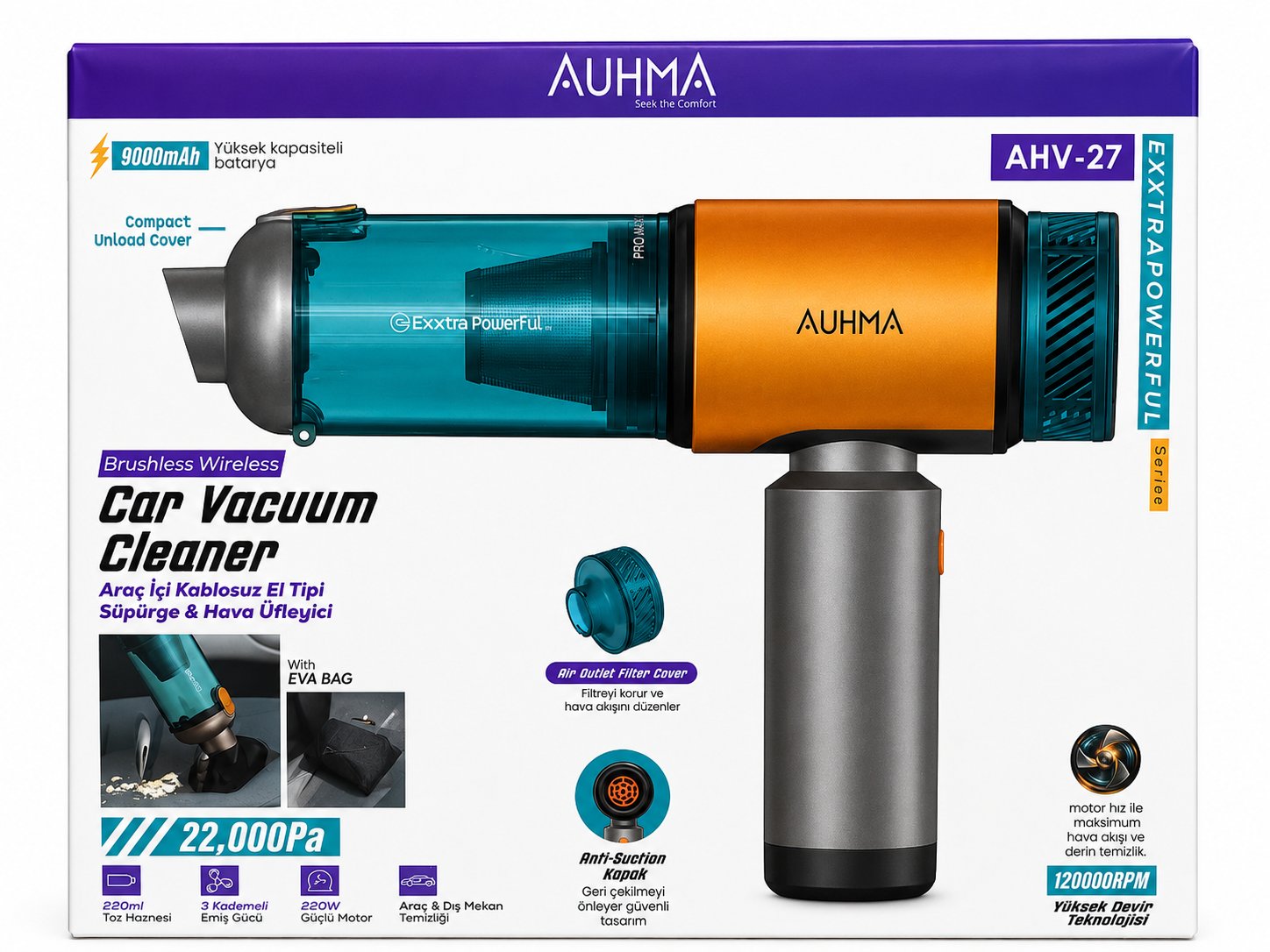 AUHMA AHV-27 22.000Pa Kablosuz Araç İçi El Süpürgesi 220W Güçlü Motor 9.000mAh Şarjlı Hava Üfleyici Araç & Ev Temizlik Süpürgesi