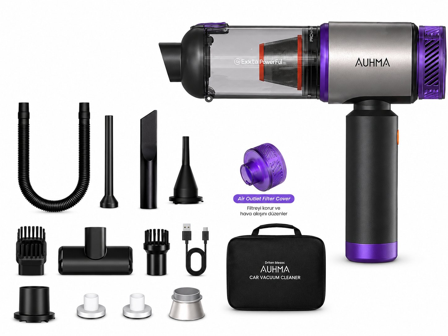 AUHMA AHV-27 22.000Pa Kablosuz Araç İçi El Süpürgesi 220W Güçlü Motor 9.000mAh Şarjlı Hava Üfleyici Araç & Ev Temizlik Süpürgesi Mor