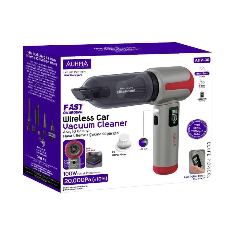 Auhma AHV-30 20.000 Pa Kablosuz Araç Süpürgesi – 100W Güç, Dijital Ekran, LED Fener, Güçlü Süpürge Gri-Mor