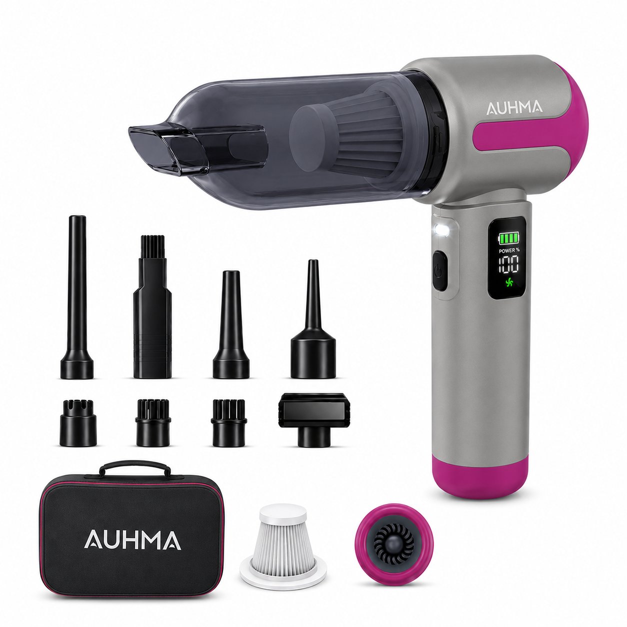 Auhma AHV-30 20.000 Pa Kablosuz Araç Süpürgesi – 100W Güç, Dijital Ekran, LED Fener, Güçlü Süpürge Gri-Mor
