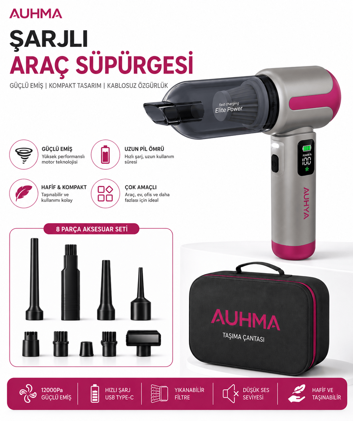 Auhma AHV-30 20.000 Pa Kablosuz Araç Süpürgesi – 100W Güç, Dijital Ekran, LED Fener, Güçlü Süpürge Gri-Mor