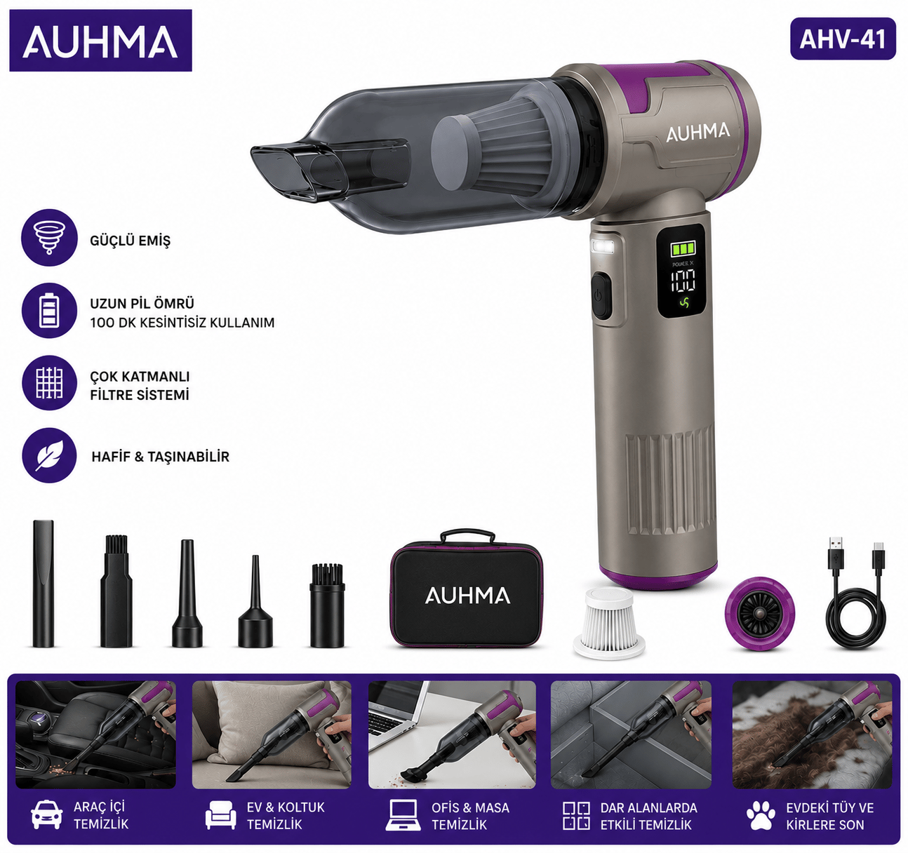 Auhma AHV-41 20.000 Pa Kablosuz Araç Süpürgesi – 100W Güç, Dijital Ekran, LED Fener, Güçlü Süpürge Gri-Mor