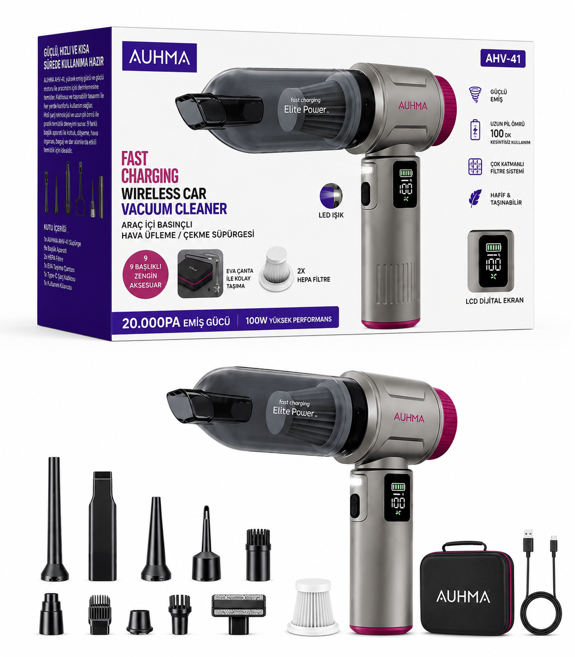 Auhma AHV-42 20.000 Pa Kablosuz Araç Süpürgesi – 100W Güç, Dijital Ekran, LED Fener, Güçlü Süpürge Gri-Mor