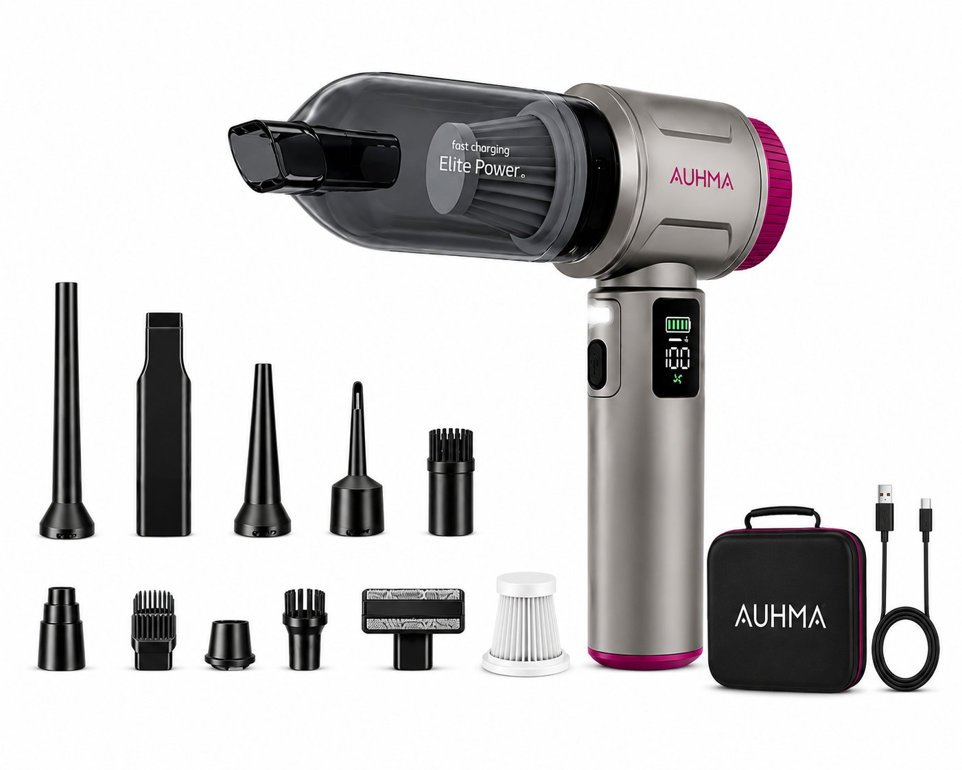 Auhma AHV-42 20.000 Pa Kablosuz Araç Süpürgesi – 100W Güç, Dijital Ekran, LED Fener, Güçlü Süpürge Gri-Mor