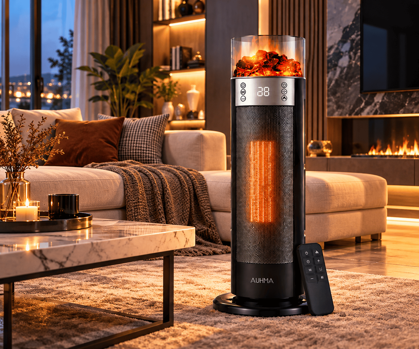 Auhma AT3H 2000W Şömine Efektli Kule Tipi Elektrikli Isıtıcı – Uzaktan Kumandalı, LED Ekranlı, Dokunmatik, Salınımlı, 24 Saat Zamanlayıcılı