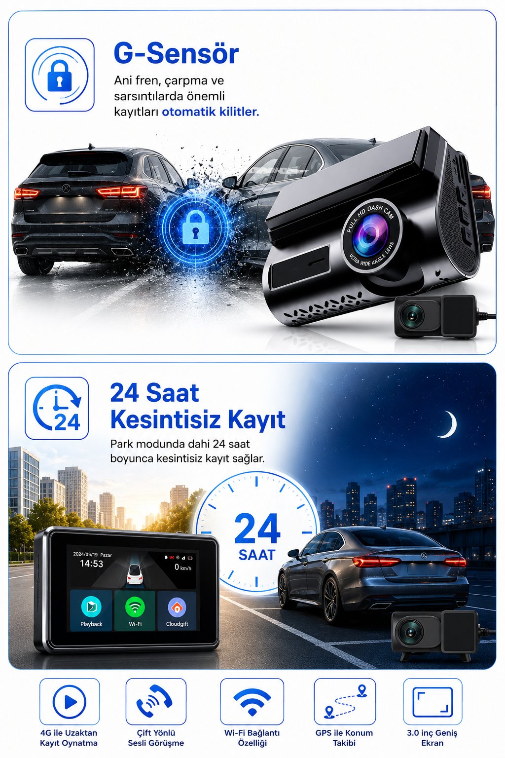 Bagajon 2K Max Araç İçi Kamera 4G Çift Kameralı WiFi GPS Uzaktan Canlı İzleme Gece Görüşlü G-Sensör 24 Saat Park Modu