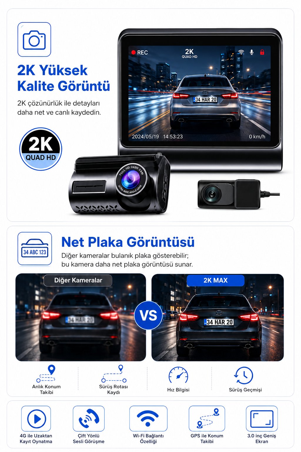 Bagajon 2K Max Araç İçi Kamera 4G Çift Kameralı WiFi GPS Uzaktan Canlı İzleme Gece Görüşlü G-Sensör 24 Saat Park Modu