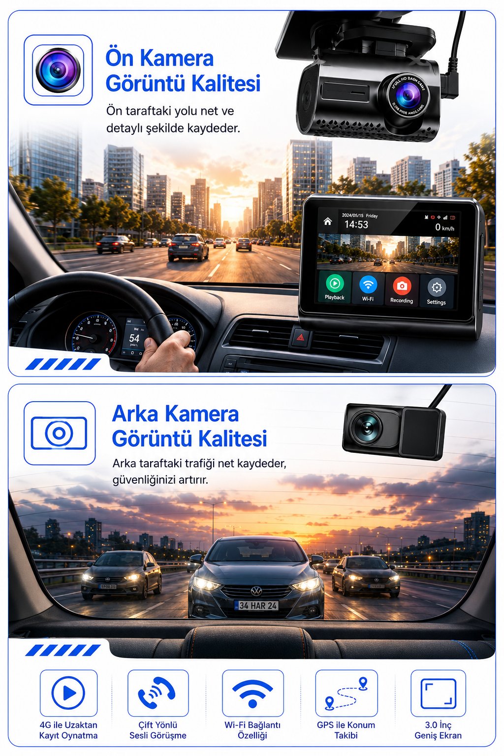 Bagajon 2K Max Araç İçi Kamera 4G Çift Kameralı WiFi GPS Uzaktan Canlı İzleme Gece Görüşlü G-Sensör 24 Saat Park Modu