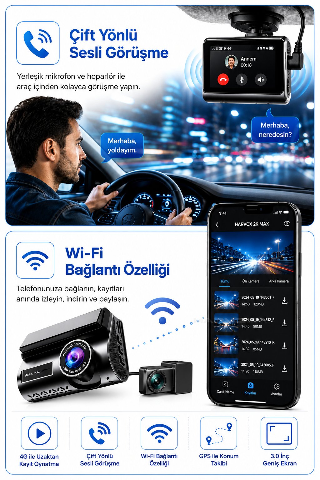 Bagajon 2K Max Araç İçi Kamera 4G Çift Kameralı WiFi GPS Uzaktan Canlı İzleme Gece Görüşlü G-Sensör 24 Saat Park Modu