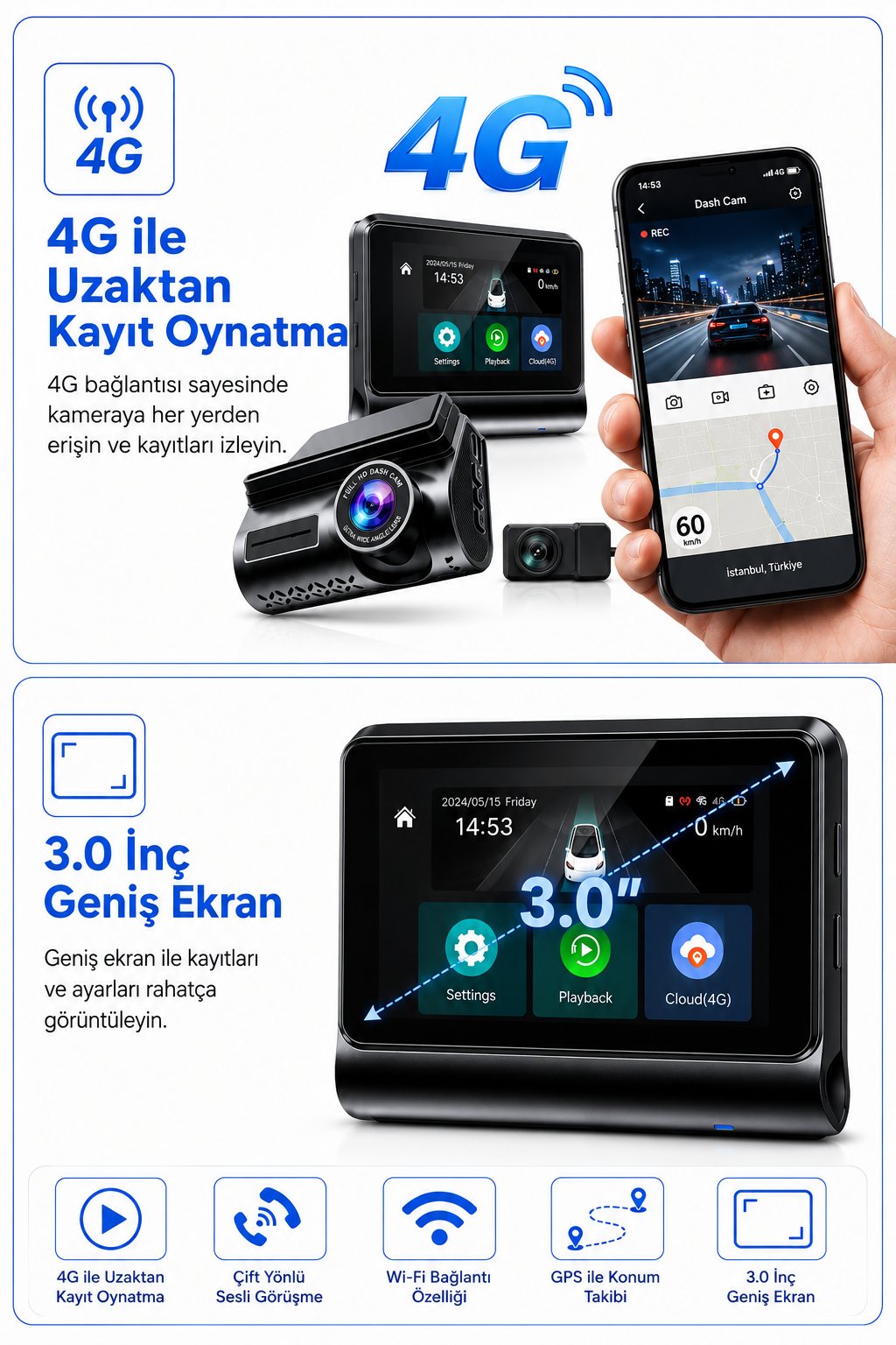 Bagajon 2K Max Araç İçi Kamera 4G Çift Kameralı WiFi GPS Uzaktan Canlı İzleme Gece Görüşlü G-Sensör 24 Saat Park Modu