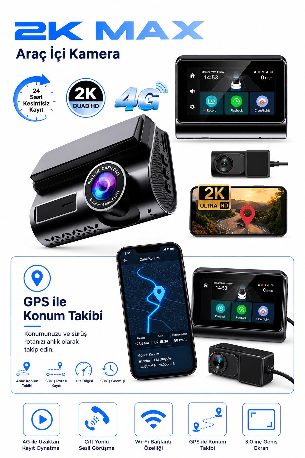 Bagajon 2K Max Araç İçi Kamera 4G Çift Kameralı WiFi GPS Uzaktan Canlı İzleme Gece Görüşlü G-Sensör 24 Saat Park Modu
