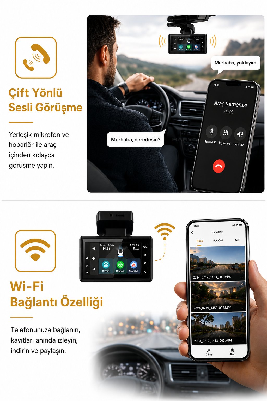 Bagajon , 2K PRO Araç İçi Kamera | Ön İç Arka Kamera WiFi GPS ADAS 24 Saat Park Modu Gece Görüşlü