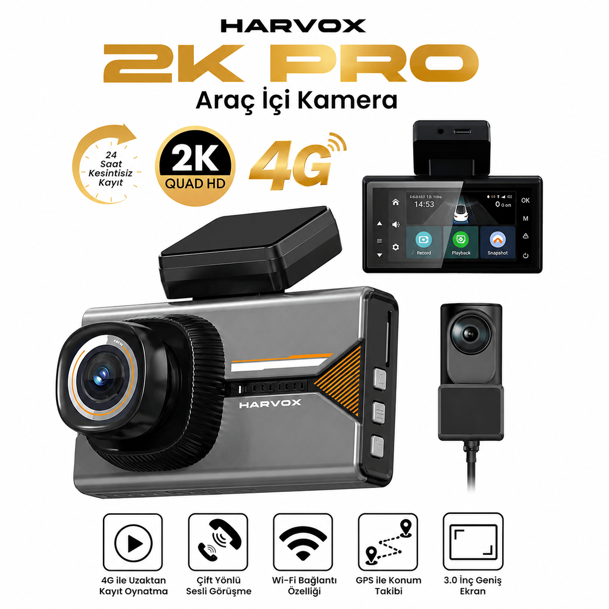 Bagajon , 2K PRO Araç İçi Kamera | Ön İç Arka Kamera WiFi GPS ADAS 24 Saat Park Modu Gece Görüşlü