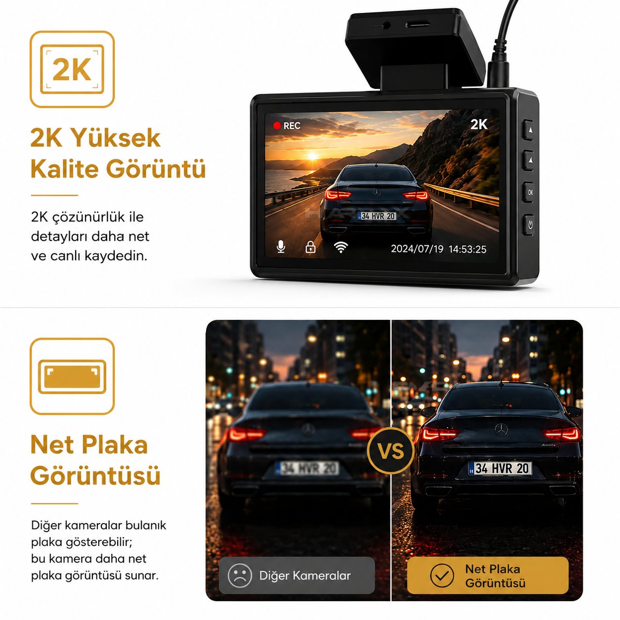 Bagajon , 2K PRO Araç İçi Kamera | Ön İç Arka Kamera WiFi GPS ADAS 24 Saat Park Modu Gece Görüşlü