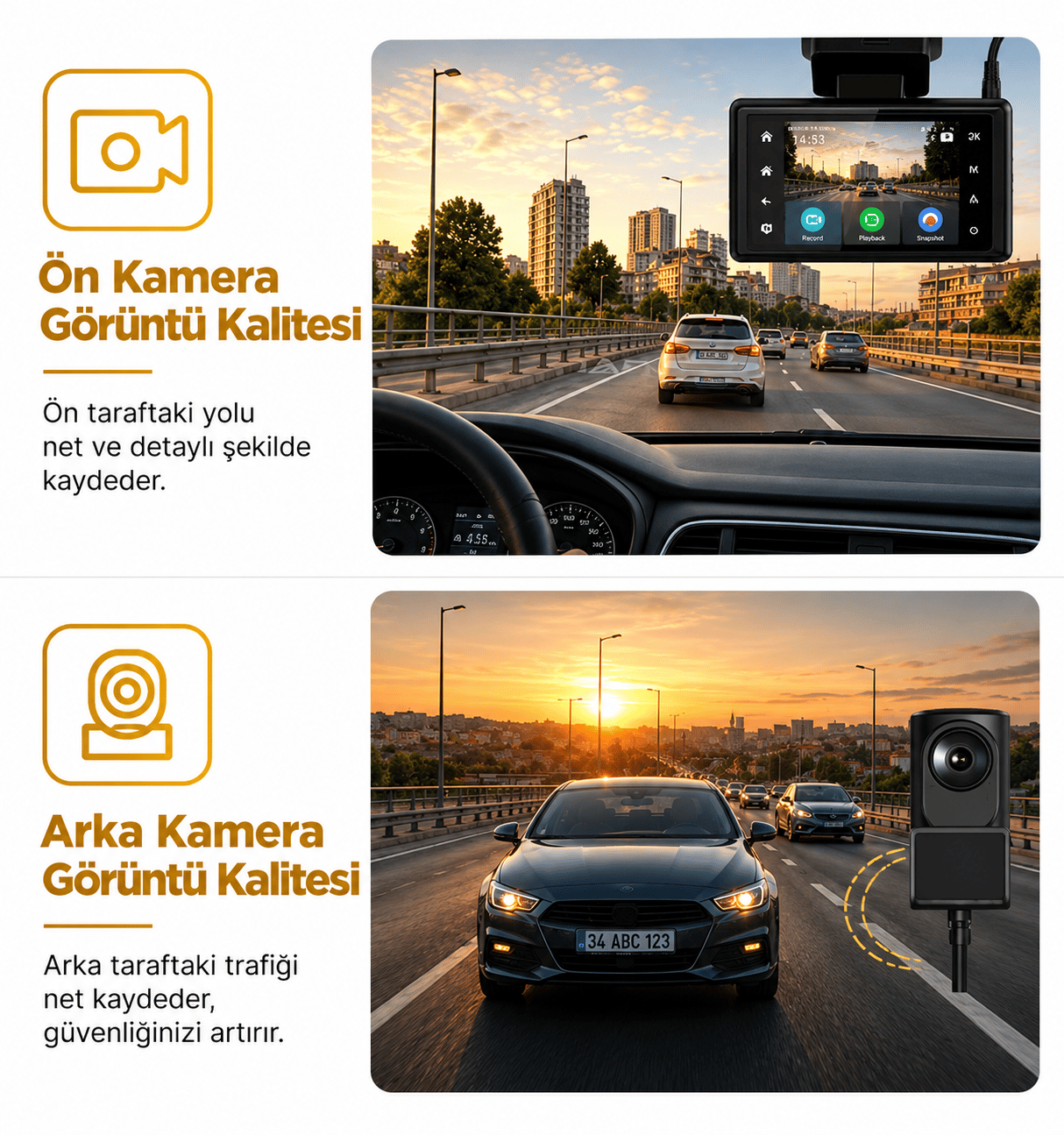Bagajon , 2K PRO Araç İçi Kamera | Ön İç Arka Kamera WiFi GPS ADAS 24 Saat Park Modu Gece Görüşlü