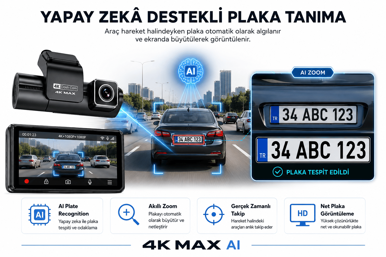 Bagajon 3 Kameralı Yapay Zekâ Destekli 4K Araç İçi Kamera | Ön İç Arka Kamera WiFi GPS ADAS 24 Saat Park Modu Gece Görüşlü