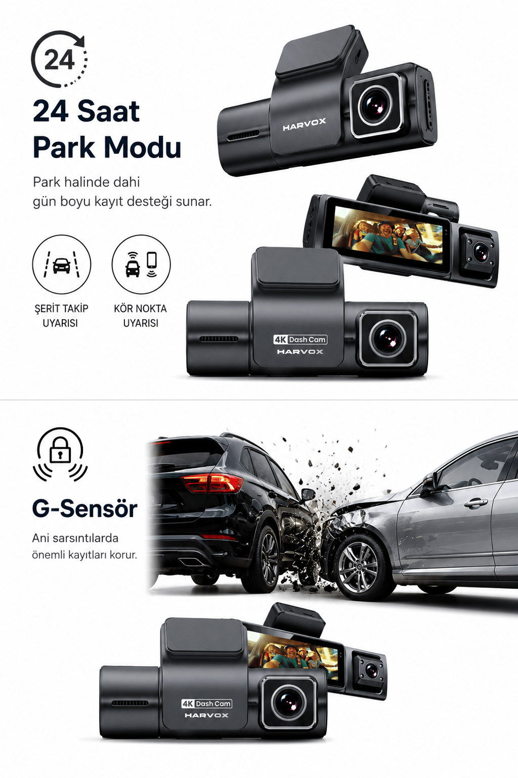 Bagajon 3 Kameralı Yapay Zekâ Destekli 4K Araç İçi Kamera | Ön İç Arka Kamera WiFi GPS ADAS 24 Saat Park Modu Gece Görüşlü