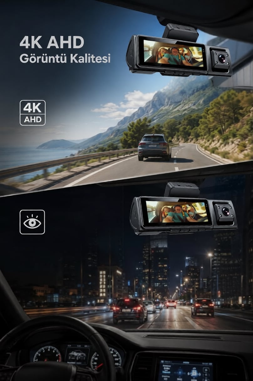 Bagajon 3 Kameralı Yapay Zekâ Destekli 4K Araç İçi Kamera | Ön İç Arka Kamera WiFi GPS ADAS 24 Saat Park Modu Gece Görüşlü