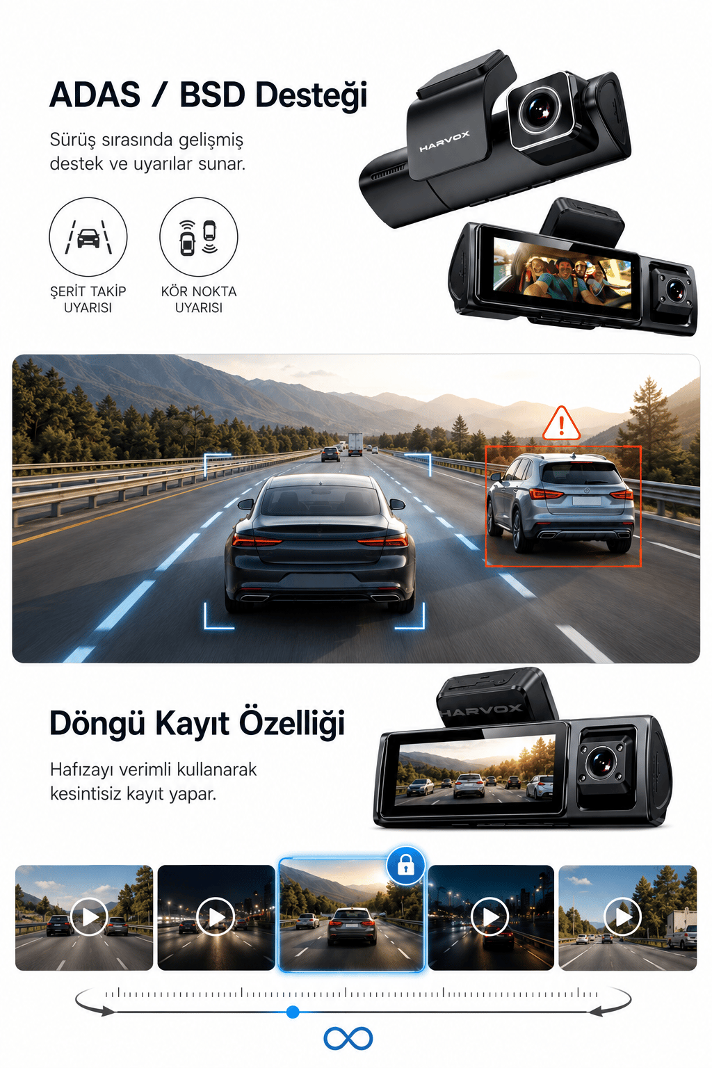 Bagajon 3 Kameralı Yapay Zekâ Destekli 4K Araç İçi Kamera | Ön İç Arka Kamera WiFi GPS ADAS 24 Saat Park Modu Gece Görüşlü