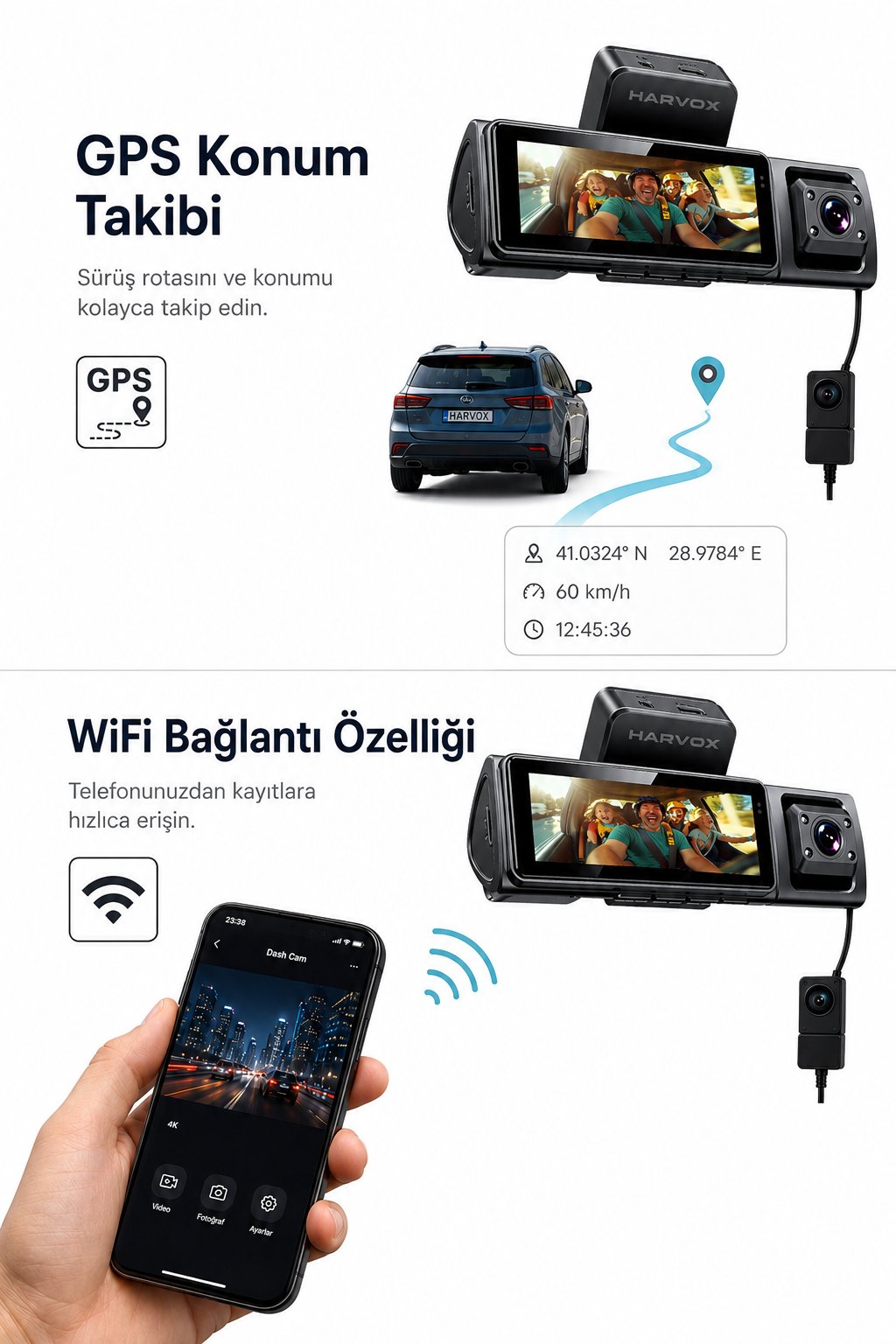 Bagajon 3 Kameralı Yapay Zekâ Destekli 4K Araç İçi Kamera | Ön İç Arka Kamera WiFi GPS ADAS 24 Saat Park Modu Gece Görüşlü