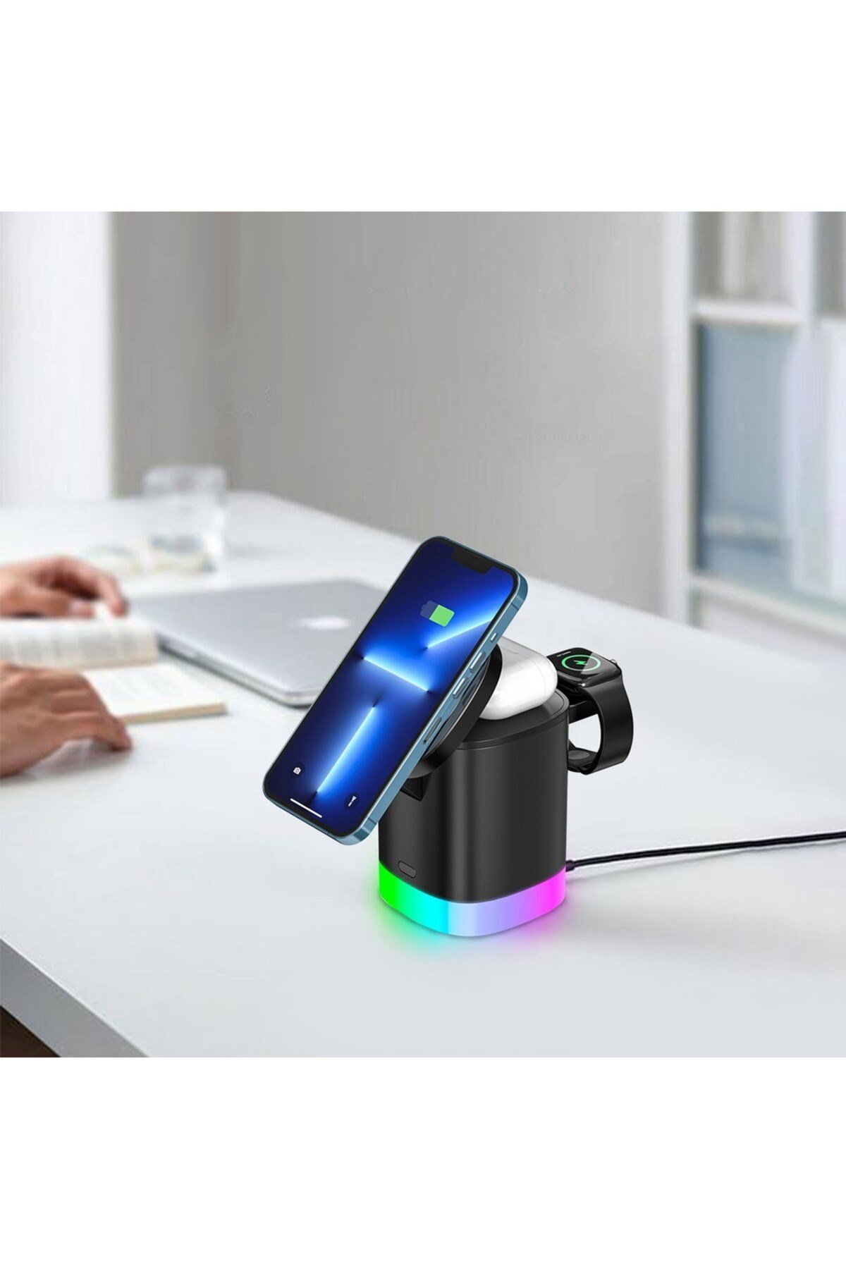 Bagajon 3'ü 1 Arada MagSafe Kablosuz Şarj Standı 15W RGB Işıklı Telefon, Apple Watch ve Kulaklık Şarj İstasyonu