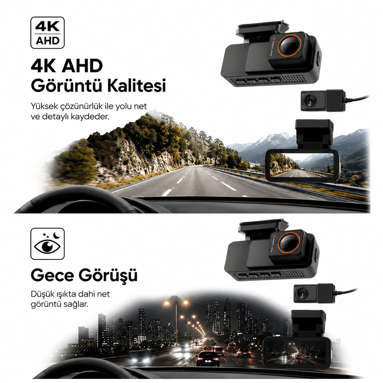 Bagajon 4K Pro Ultra HD WiFi GPS ADAS Araç İçi Kamera | Yapay Zeka, Gece Görüşü, G-Sensör, 24 Saat Park Modu, Ön + Arka Kamera