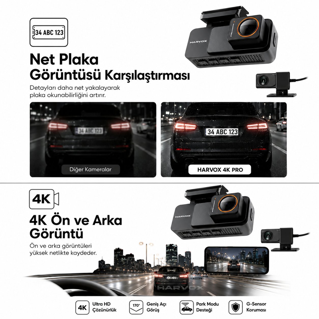 Bagajon 4K Pro Ultra HD WiFi GPS ADAS Araç İçi Kamera | Yapay Zeka, Gece Görüşü, G-Sensör, 24 Saat Park Modu, Ön + Arka Kamera